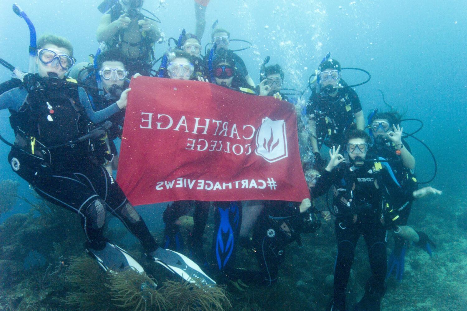 学生们手持<a href='http://kuqvv.ldmuyj.com'>bv伟德ios下载</a>旗帜，在j学期洪都拉斯游学之旅中潜水.